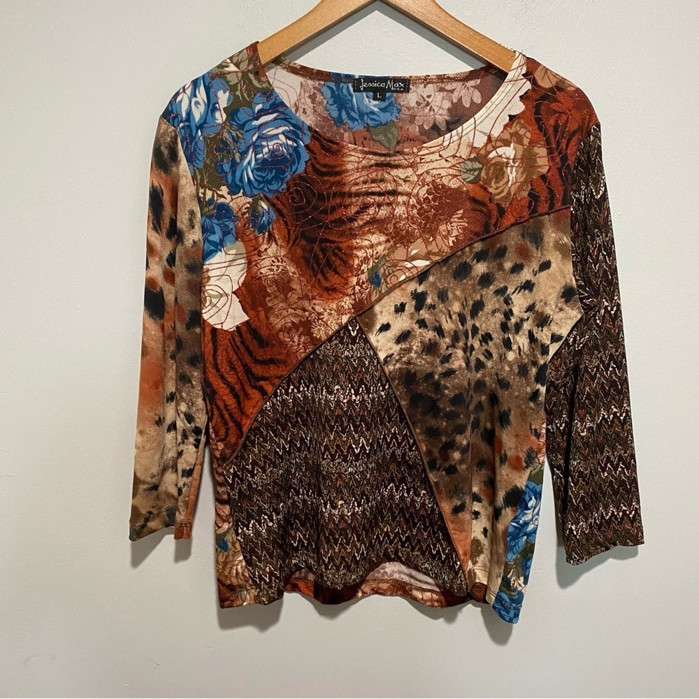 Jessica Max Womens Large Patchwork Mixed Media Animal Floral 3/4 Sleeve Top USA